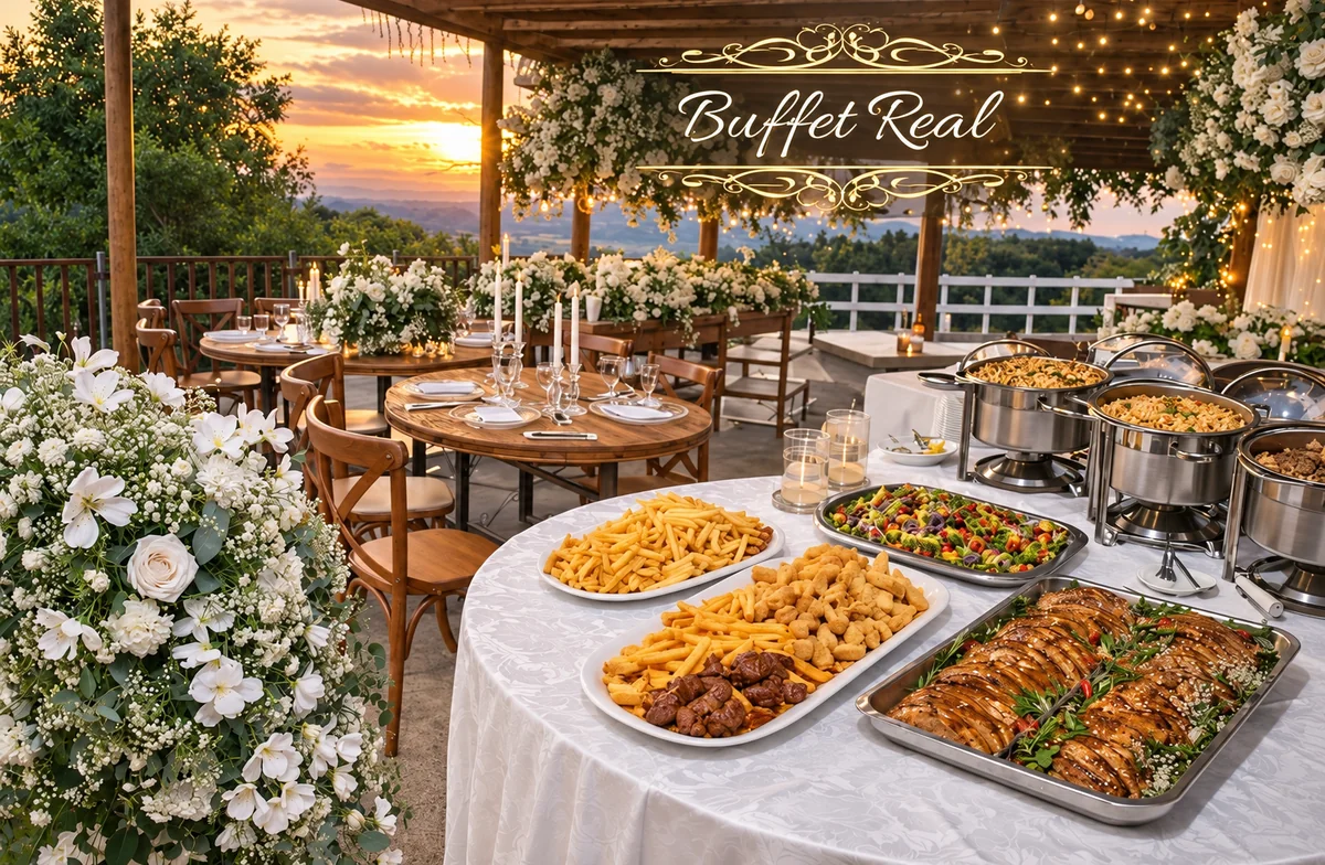 Mesa do Buffet Real ao pôr do sol, com batata frita, petiscos e rechauds sobre toalha branca, entre flores
