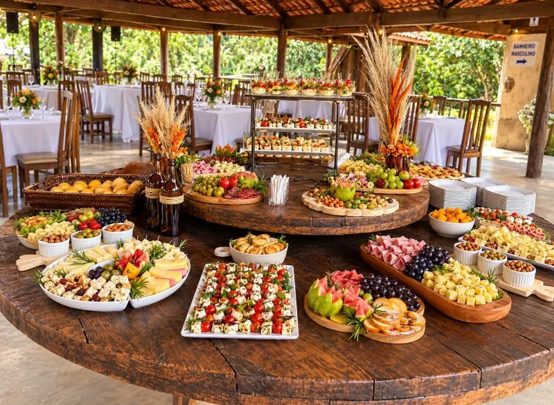 Mesa de frios redonda de madeira, com tábuas, queijos, frutas e espetinhos, em evento ao ar livre