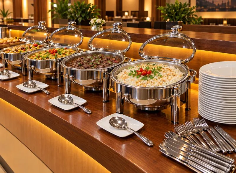 Rechauds com pratos quentes em balcão de buffet